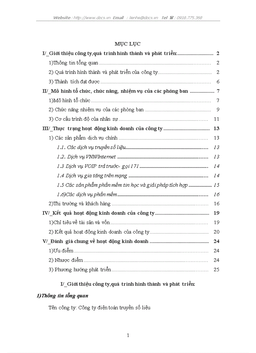 Mô hình tổ chức thực trạng hoạt động kinh doanh của công ty điện toán truyền số liệu