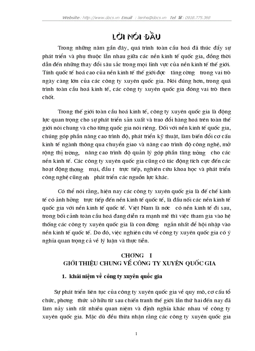 Vai trò của C ty xuyên quốc gia trong thương mại quốc tế