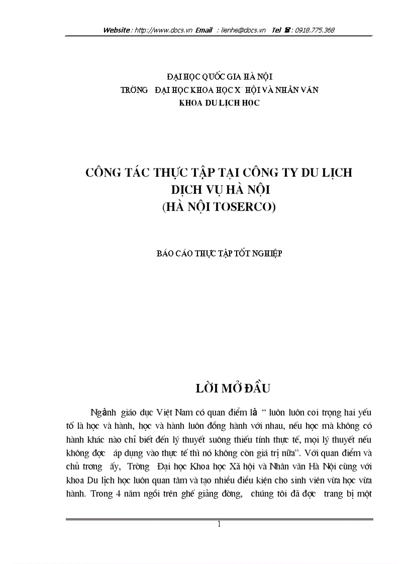 Báo cáo công tác thực tập tại công ty du lịch dịch vụ hà nội