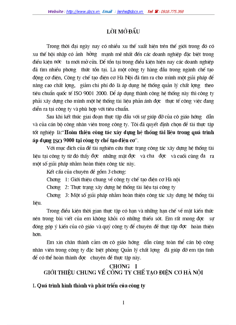 Hoàn thiện công tác xây dựng hệ thống tài liệu trong quá trình áp dụng iso 9000 tại công ty chế tạo điện cơ