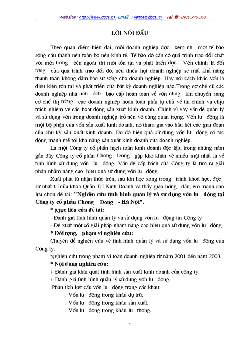 Nghiên cứu tình hình quản lý và sử dụng vốn lưu động tại Công ty cổ phần Chương Dương Hà Nội