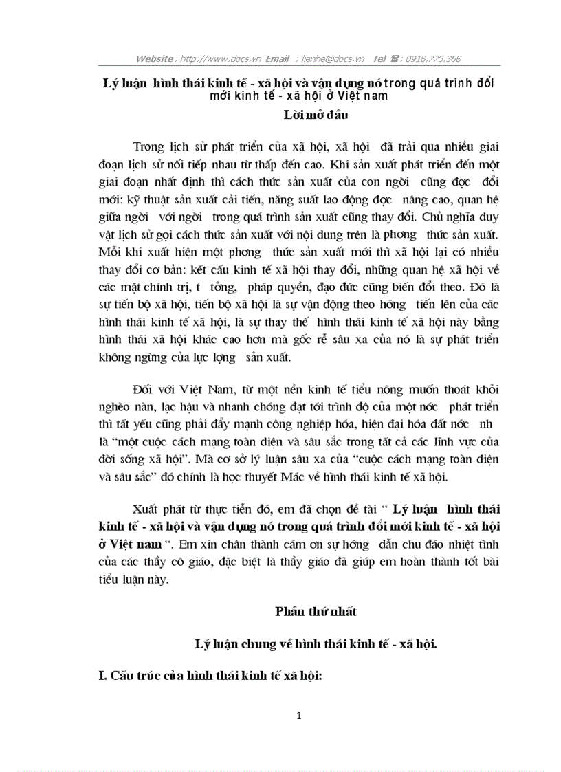 Lý luận hình thái kinh tế xã hội và vận dụng nó trong quá trình đổi mới kinh tế xã hội ở Việt nam