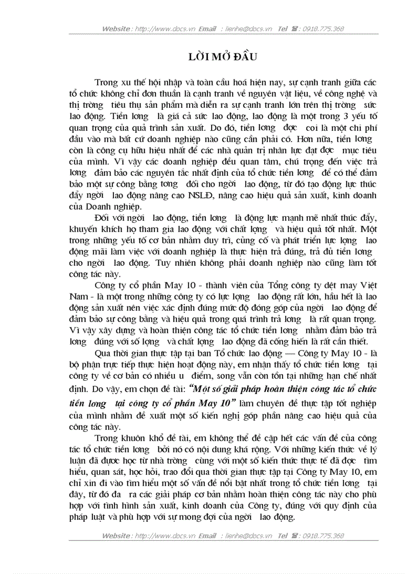 Một số giải pháp hoàn thiện công tác tổ chức tiền lương tại công ty cổ phần May 10