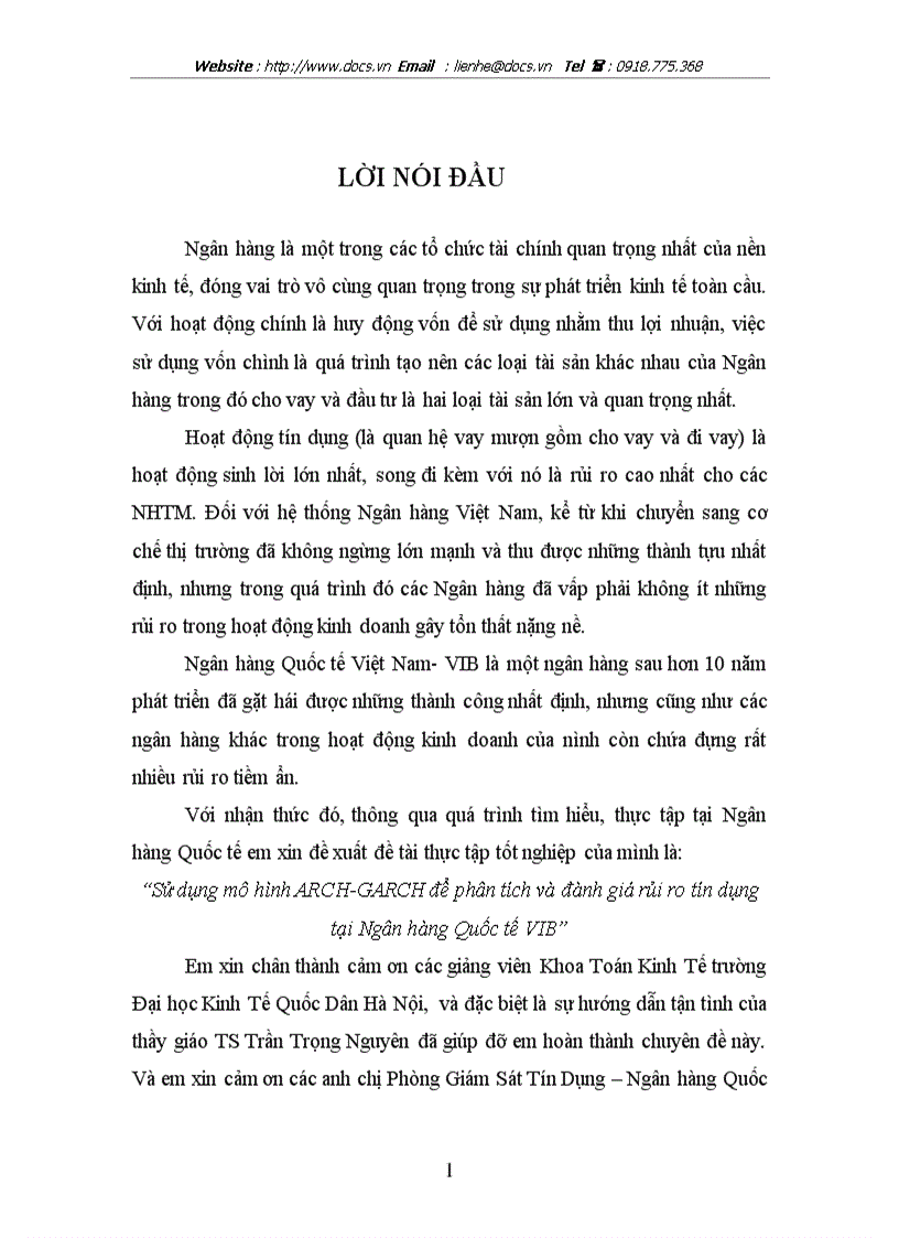 Sử dụng mô hình ARCH GARCH để phân tích và đánh giá rủi ro tín dụng tại ngânhàng NHTMCP Quốc Tế VIB