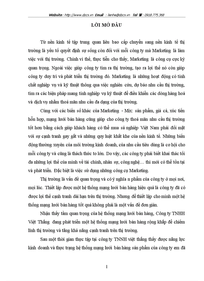 Một số giải pháp nhằm hoàn thiện hệ thống mạng lưới bán hàng sản phẩm của công ty tnhh việt thắng