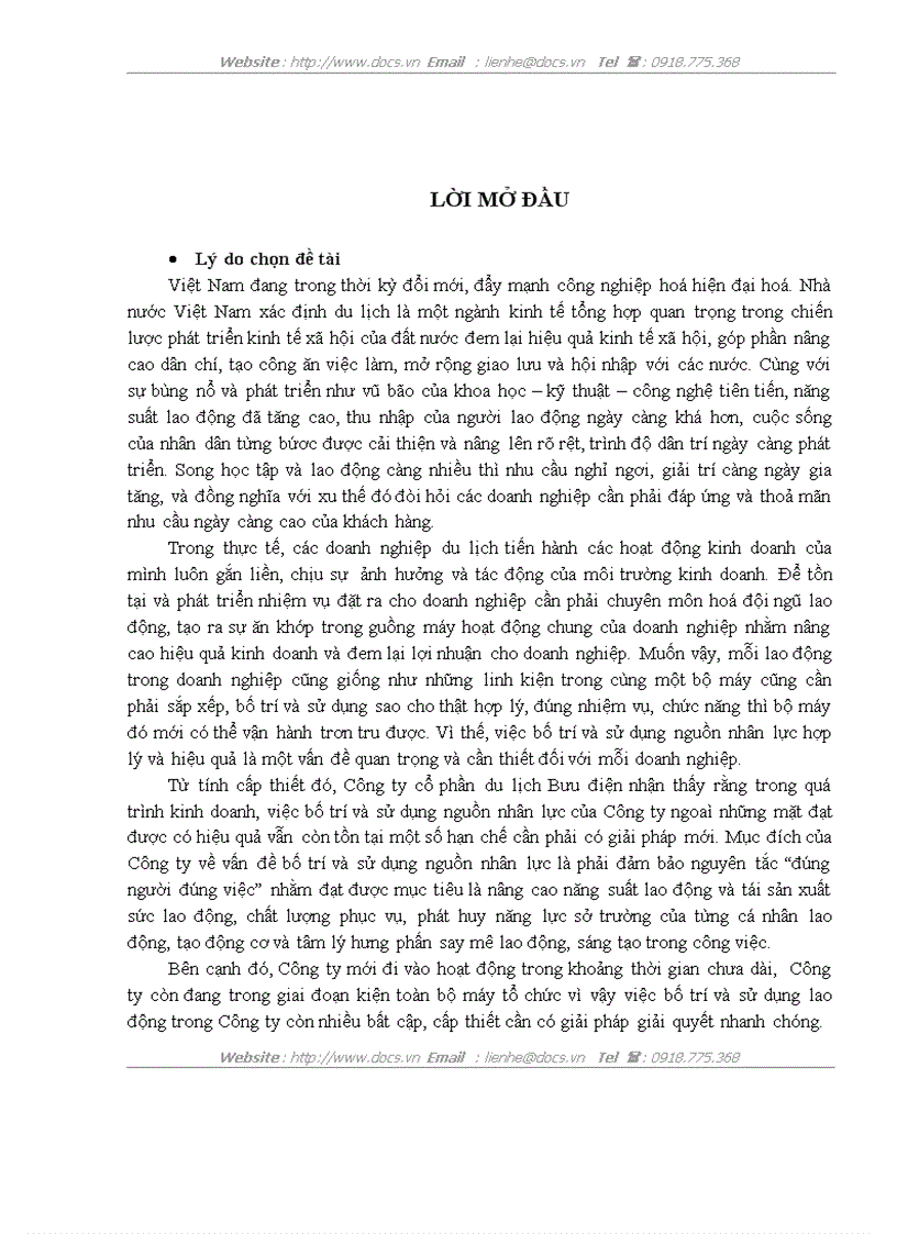 Công tác bố trí sử dụng lao động trong doanh nghiệp du lịch