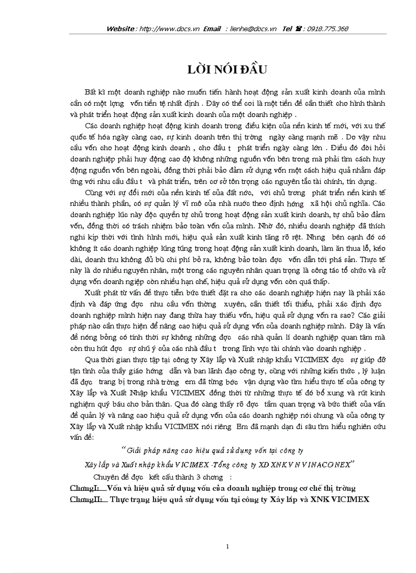 Giải pháp nâng cao hiệu quả sử dụng vốn tại công ty Xây lắp và Xuất nhập khẩu VICIMEX Tổng công ty XD XNK VN VINACONEX