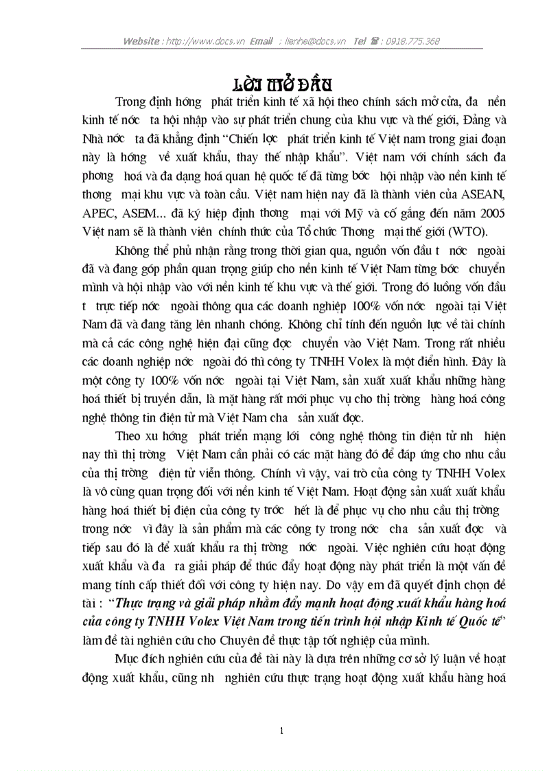 Thực trạng và giải pháp nhằm đẩy mạnh hoạt động xuất khẩu hàng hoá của công ty TNHH Volex Việt Nam trong tiến trình hội nhập Kinh tế Quốc tế