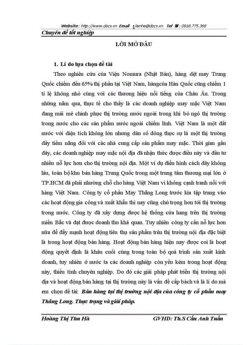 Bán hàng tại thị trường nội địa của công ty cổ phần may Thăng Long Thực trạng và giải pháp