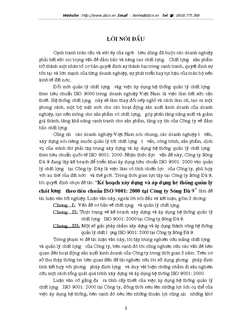 Kế hoạch xây dựng và áp dụng hệ thống quản lý chất lượng theo tiêu chuẩn ISO 9001 2000 tại Công ty Sông Đà 9