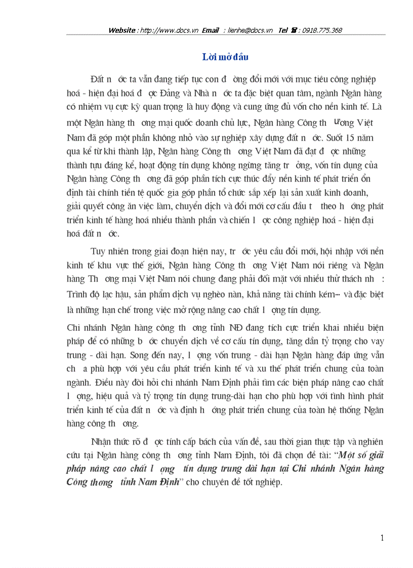 Nâng cao chất lợng tín dụng trung dài hạn tại Ngân hàng công thơng Nam Định