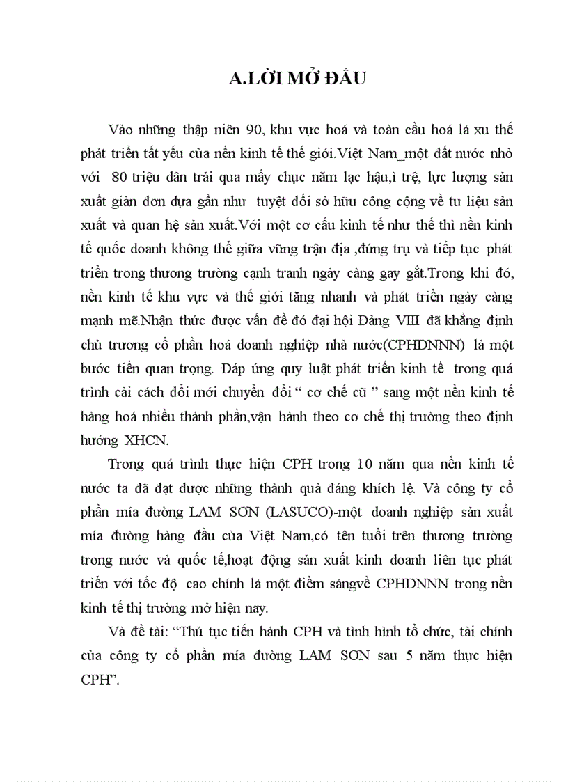 Thủ tục tiến hành CPH và tình hình tổ chức tài chính của công ty cổ phần mía đường LAM SƠN sau 5 năm thực hiện CPH