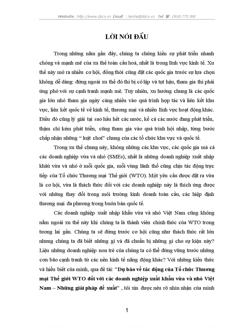 Dự báo về tác động của Tổ chức Thương mại Thế giới WTO đối với các doanh nghiệp xuất khẩu vừa và nhỏ Việt Nam Những giải pháp đề xuất
