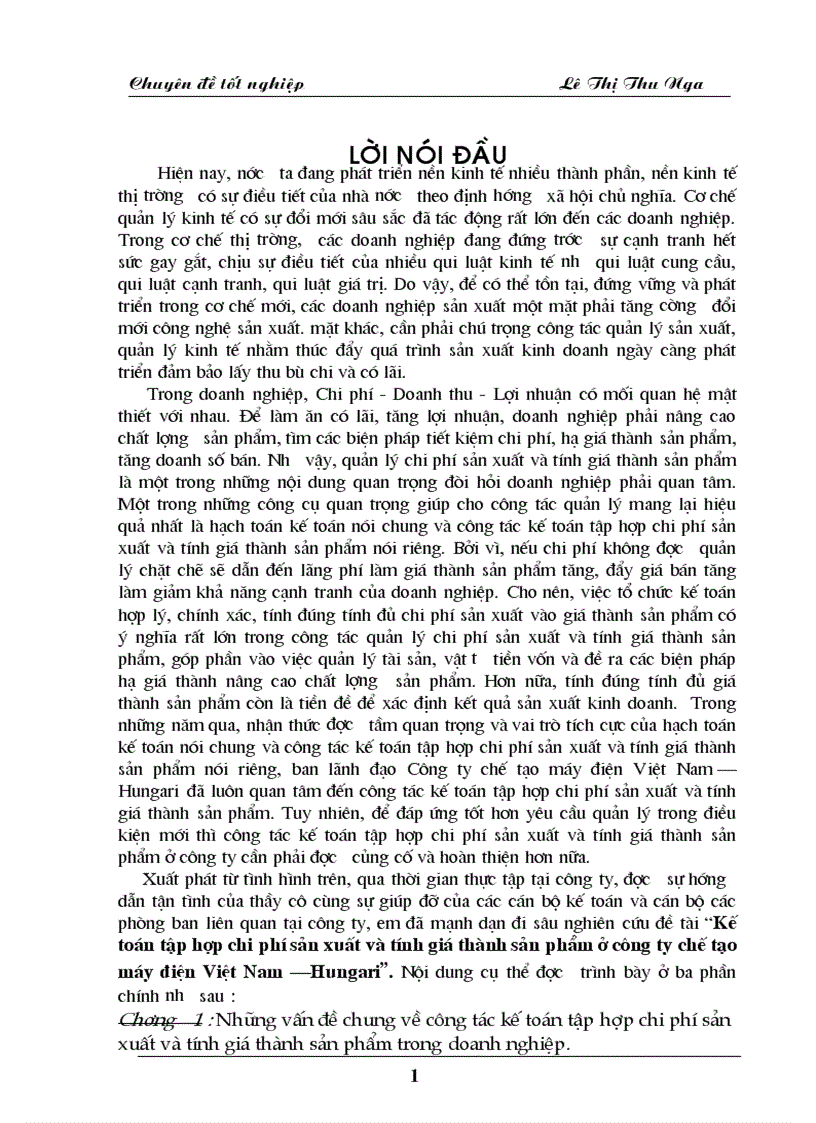Kế toán tập hợp chi phí sản xuất và tính giá thành sản phẩm ở công ty chế tạo máy điện Việt Nam Hungar