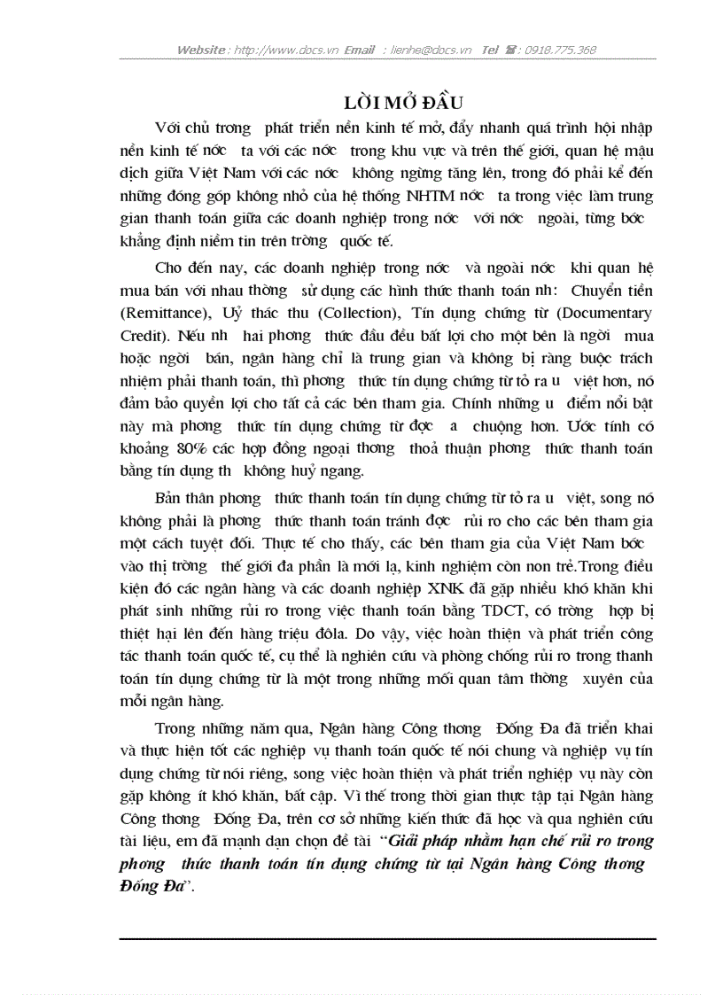 Giải pháp nhằm hạn chế rủi ro trong phương thức thanh toán tín dụng chứng từ tại Ngân hàng Công thương Đống Đa