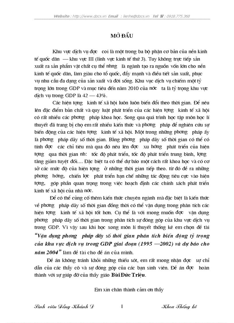 Vận dụng phương pháp dãy số thời gian phân tích biến động tỷ trọng của khu vực dịch vụ trong GDP giai đoạn 1995 2002 và dự báo cho năm 2004