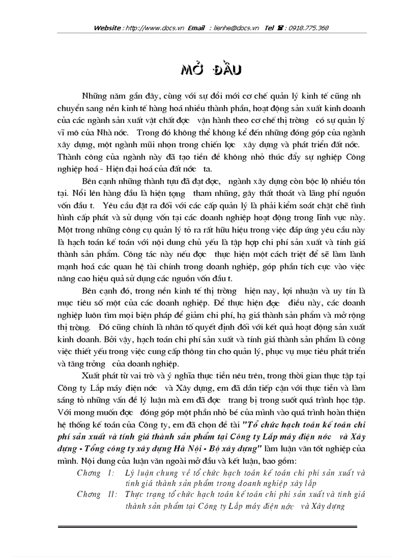 Tổ chức hạch toán kế toán chi phí sản xuất và tính giá thành sản phẩm tại Công ty Lắp máy điện nước và Xây dựng Tổng công ty xây dựng Hà Nội