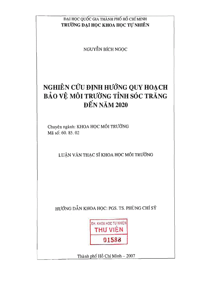 Nghiên cứu định hướng quy hoạch bảo vệ môi trường tỉnh sóc trăng đến 2020