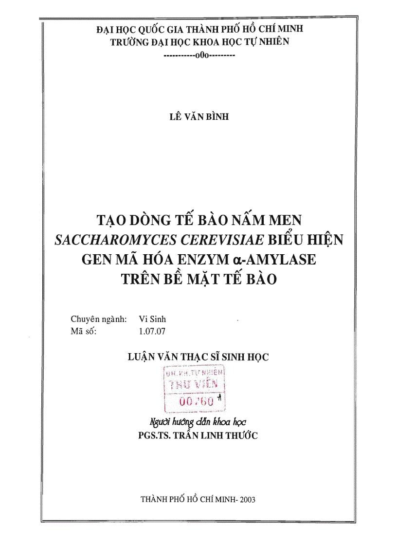 Tạo dòng tế bào nấm men saccharomyces cerevisiae biểu hiện gen mã hóa enzym amylase trên bề mặt tế bào