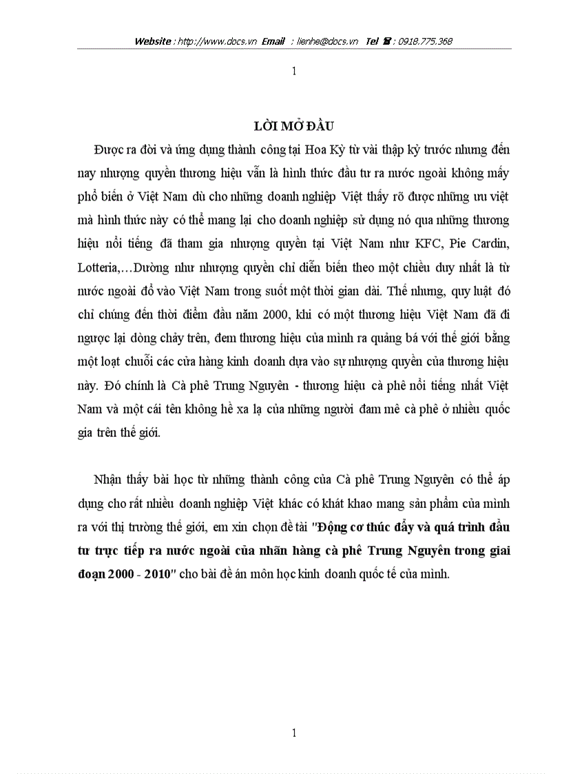 Động cơ thúc đẩy và quá trình đầu tư trực tiếp ra nước ngoài của nhãn hàng cà phê Trung Nguyên trong giai đoạn 2000 2010