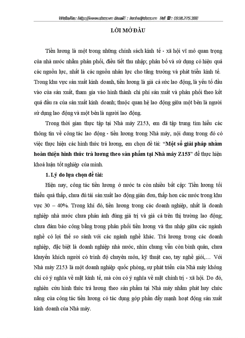Một số giải pháp nhằm hoàn thiện hình thức trả lương theo sản phẩm tại Nhà máy Z153