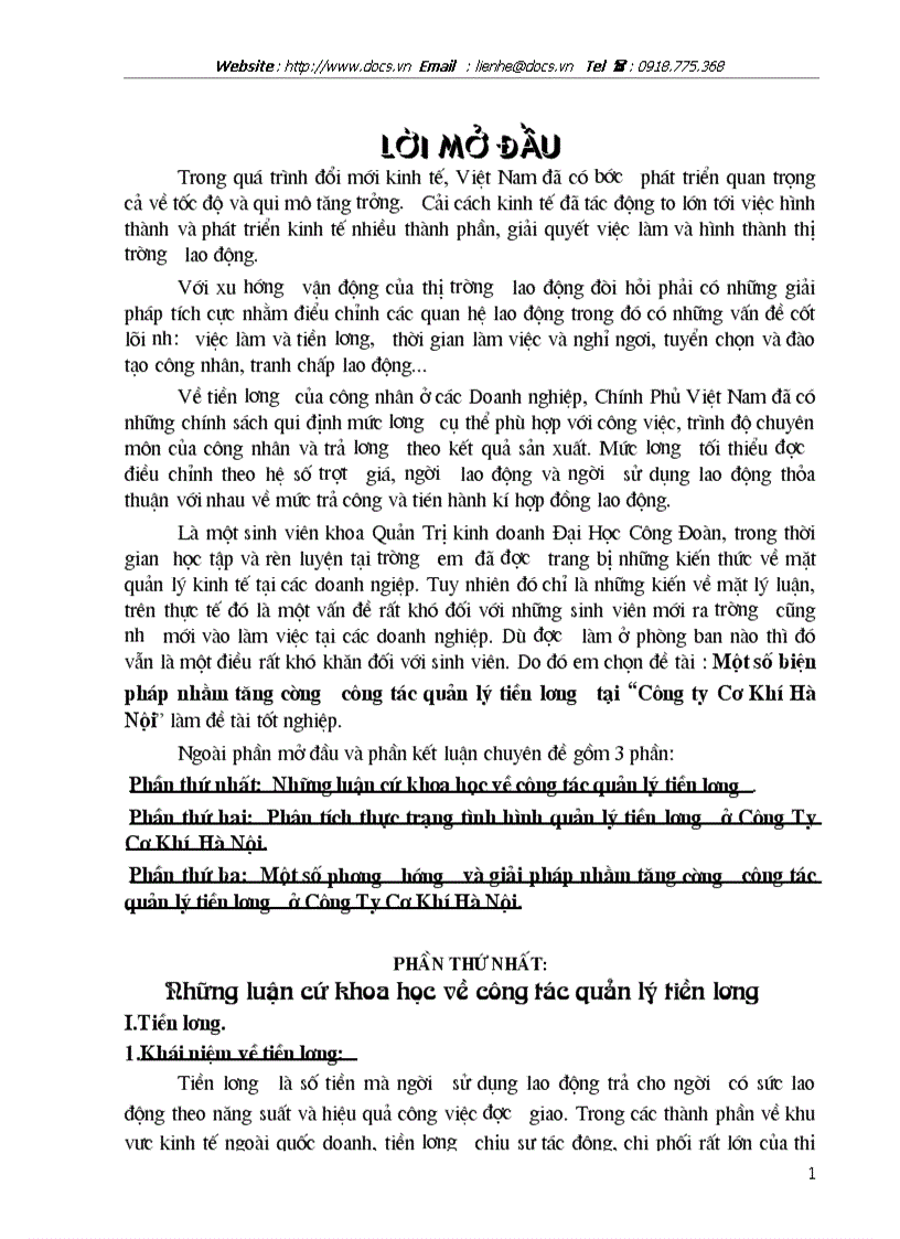 Một số biện pháp nhằm tăng cường công tác quản lý tiền lương tại Công ty Cơ Khí Hà Nội