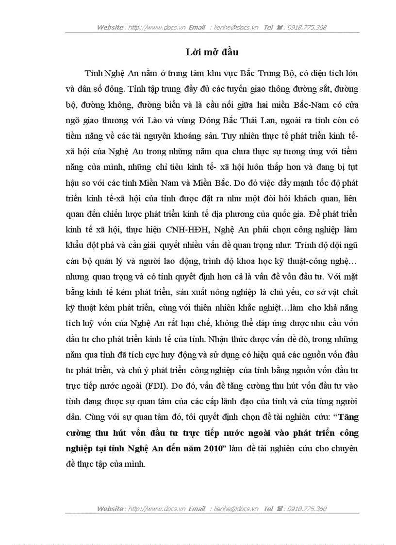 Tăng cường thu hút vốn đầu tư trực tiếp nước ngoài vào phát triển công nghiệp tại tỉnh Nghệ An đến năm 2010