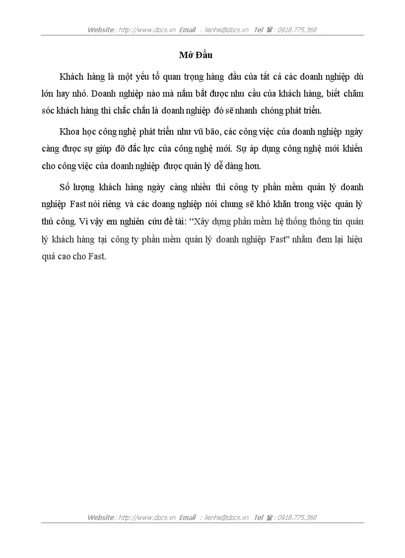 Xây dựng phần mềm hệ thống thông tin quản lý khách hàng tại công ty phần mềm quản lý doanh nghiệp Fast
