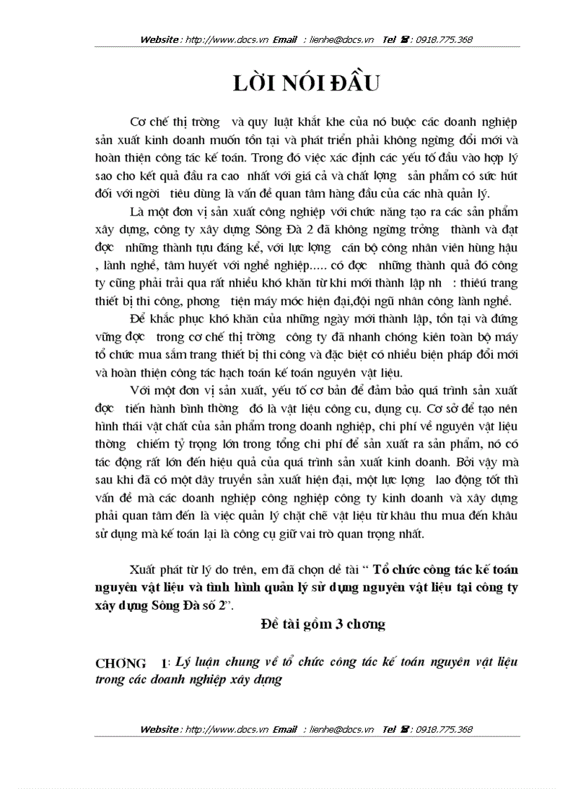 Tổ chức công tác kế toán nguyên vật liệu và tình hình quản lý sử dụng nguyên vật liệu tại công ty xây dựng Sông Đà số 2
