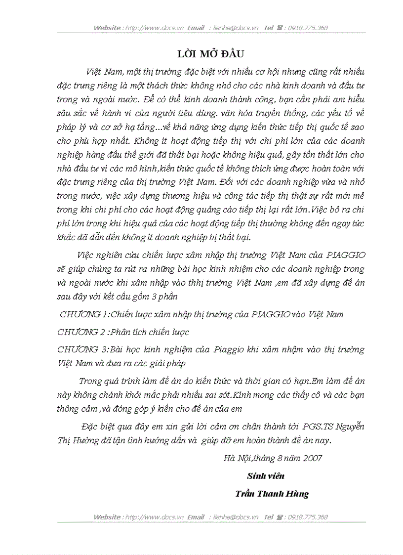 Bài học kinh nghiệm của Piaggio khi xâm nhậm vào thị trường Việt Nam và đưa ra các giải pháp