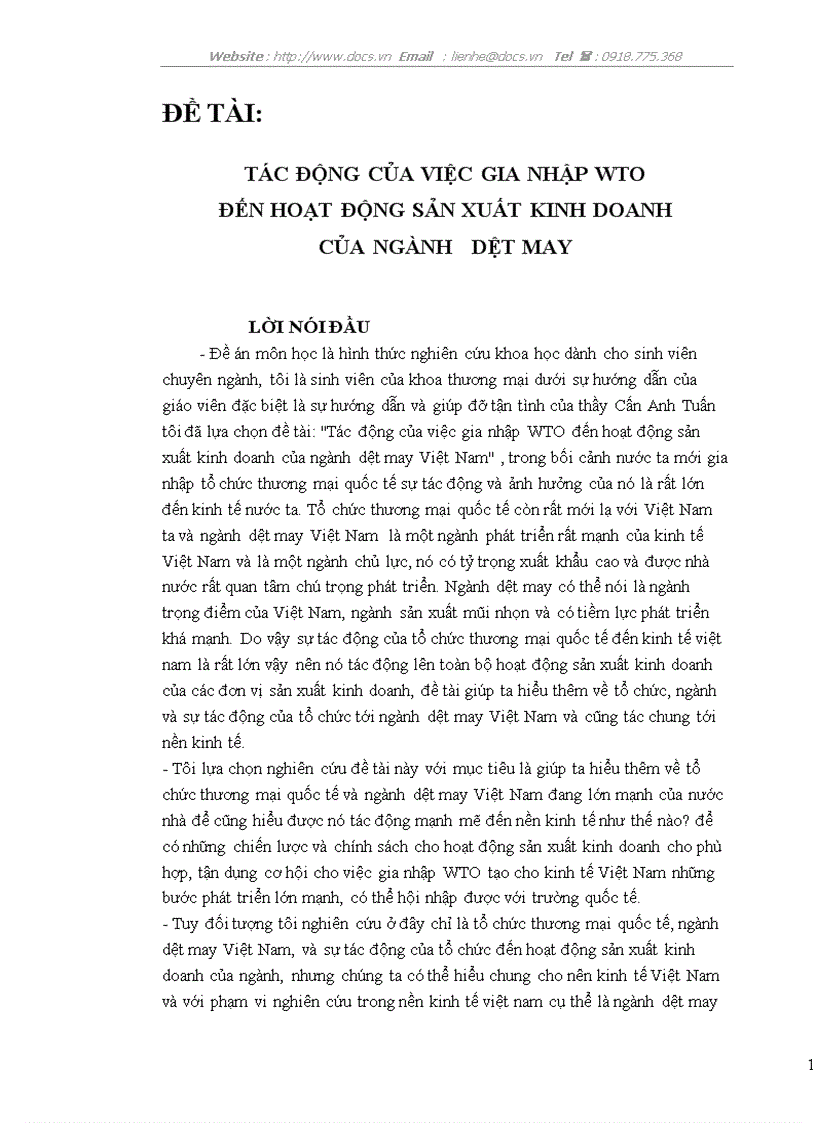 Tác động của việc gia nhập wto đến hoạt động sản xuất kinh doanh của ngành dệt may