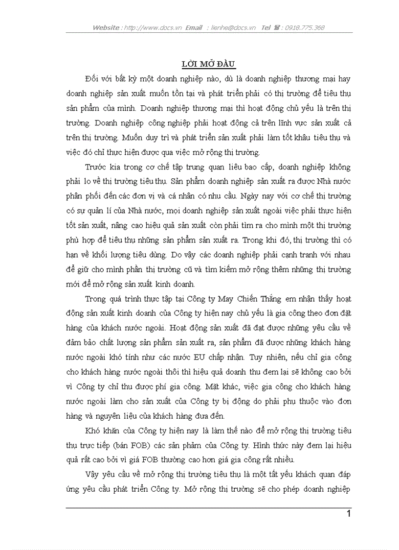 Một số biện pháp nhằm mở rộng thị trường tiêu thụ sản phẩm của Công ty May Chiến Thắng