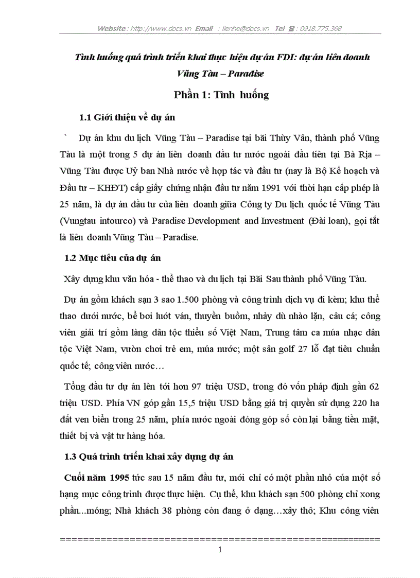 Tình huống quá trình triển khai thực hiện dự án FDI dự án liên doanh Vũng Tàu Paradise