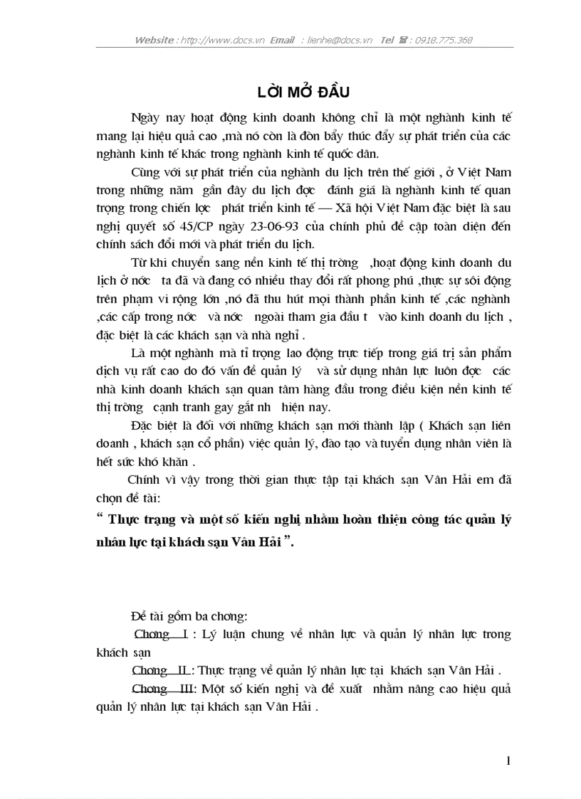 Thực trạng và một số kiến nghị nhằm hoàn thiện công tác quản lý nhân lực tại khách sạn Vân Hải