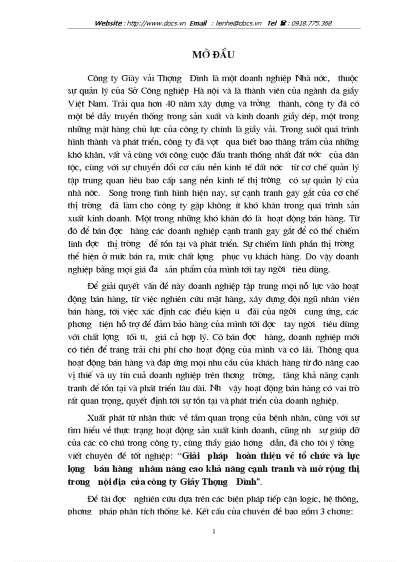 Giải pháp hoàn thiện về tổ chức và lực lượng bán hàng nhằm nâng cao khả năng cạnh tranh và mở rộng thị trương nội địa của công ty Giầy Thượng Đình