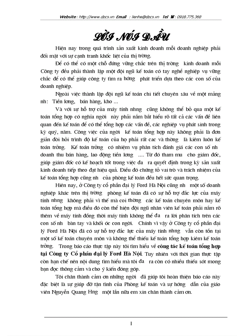 Công tác kế toán tổng hợp tại Công ty Cổ phần đại lý Ford Hà Nộ