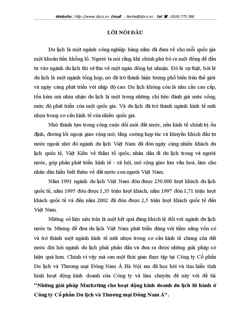Những giải pháp Marketing cho hoạt động kinh doanh du lịch lữ hành ở Công ty Cổ phần Du lịch và Thương mại Đông Nam Á