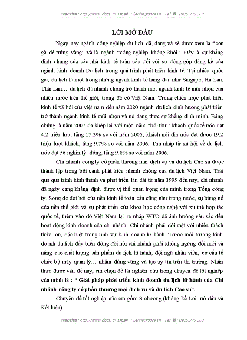 Giải pháp phát triển kinh doanh du lịch lữ hành của Chi nhánh công ty cổ phần thương mại dịch vụ và du lịch Cao su