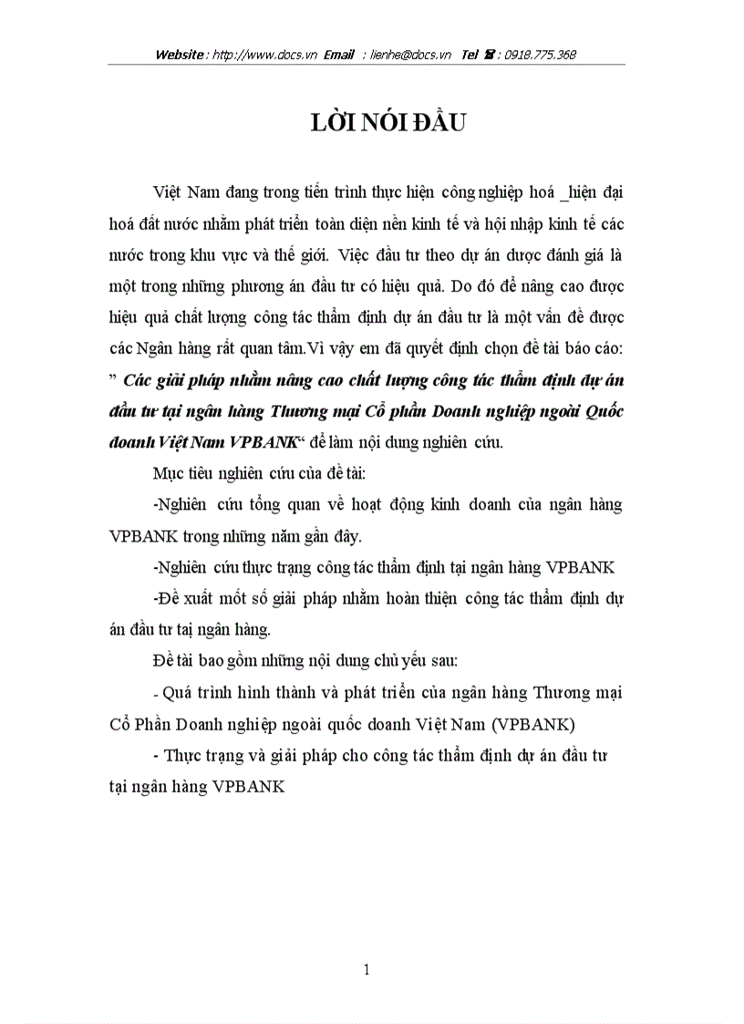 Các giải pháp nhằm nâng cao chất lượng công tác thẩm định dự án đầu tư tại ngân hàng Thương mại Cổ phần Doanh nghiệp ngoài Quốc doanh Việt Nam VPBANK