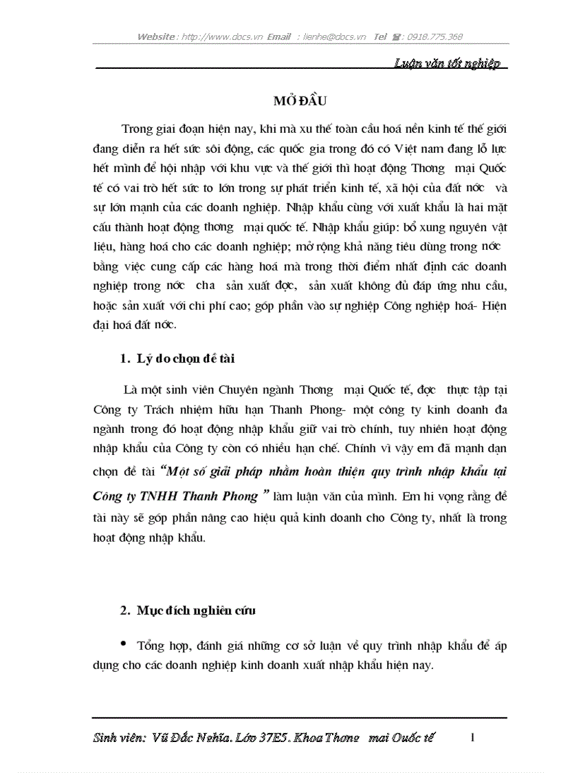 Một số giải pháp nhằm hoàn thiện quy trình nhập khẩu tại Công ty TNHH Thanh Phong