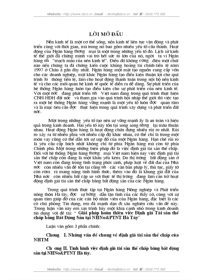 Giải pháp hoàn thiện việc Định giá Tài sản thế chấp bằng Bất Động Sản tại NHNo PTNT Hà Tâ
