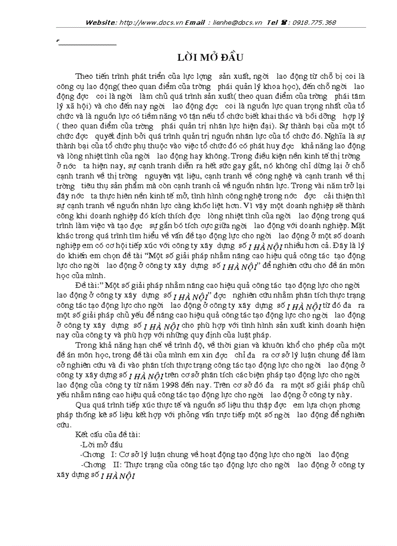 1số giải pháp nhằm nâng cao hiệu quả công tác tạo động lực cho người lao động ở công ty xây dựng số I HÀ NỘI