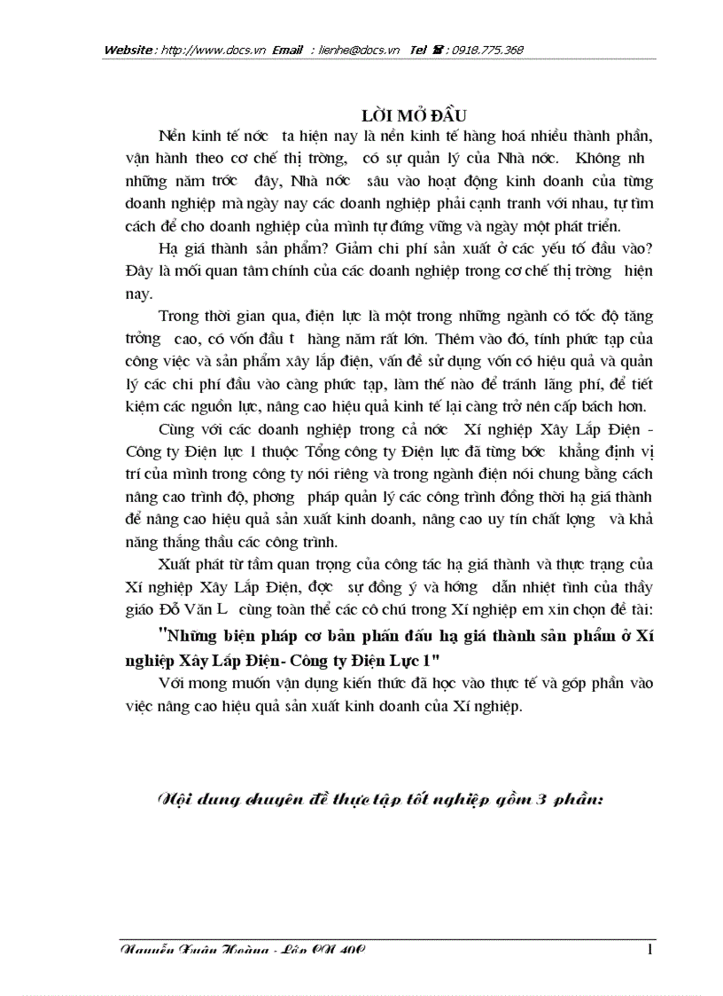 Những biện pháp cơ bản phấn đấu hạ giá thành sản phẩm ở Xí nghiệp Xây Lắp Điện Công ty Điện Lực
