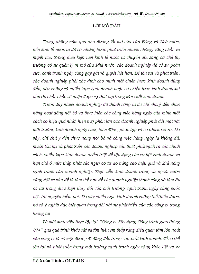 Một số giải pháp cho việc hoạch định chiến lược kinh doanh ở Công ty Xây dựng Công Trình Giao Thông 874