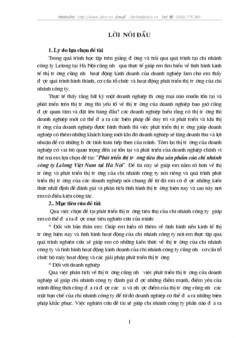 Phát triển thị trường tiêu thụ sản phẩm của chi nhánh công ty Lelong Việt Nam tại Hà Nội