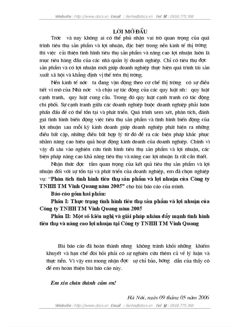 Phân tích tình hình tiêu thụ sản phẩm và lợi nhuận của Công ty TNHH TM Vinh Quang năm 2005
