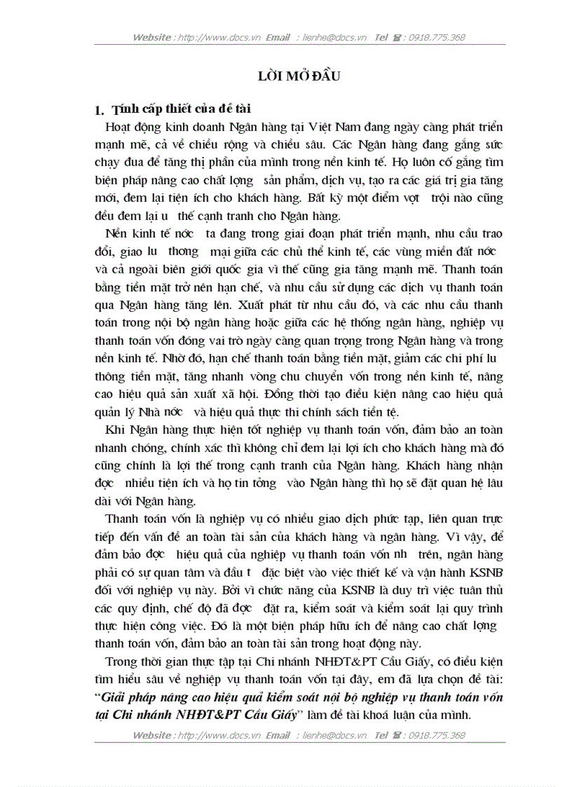 Giải pháp nâng cao hiệu quả kiểm soát nội bộ nghiệp vụ thanh toán vốn tại Chi nhánh NHĐT PT Cầu Giấy