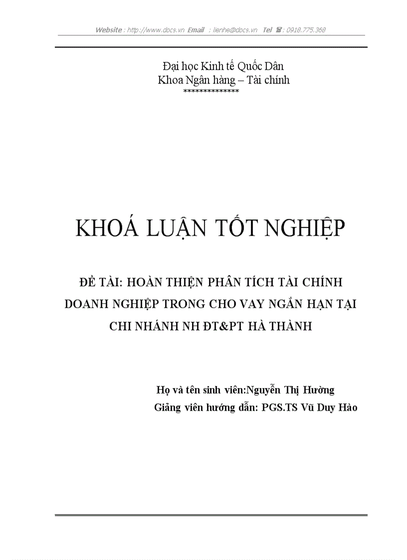 Hoàn thiện phân tích tài chính doanh nghiệp trong cho vay ngắn hạn tại Chi nhánh Ngân hàng Đầu tư và phát triển Hà Thành