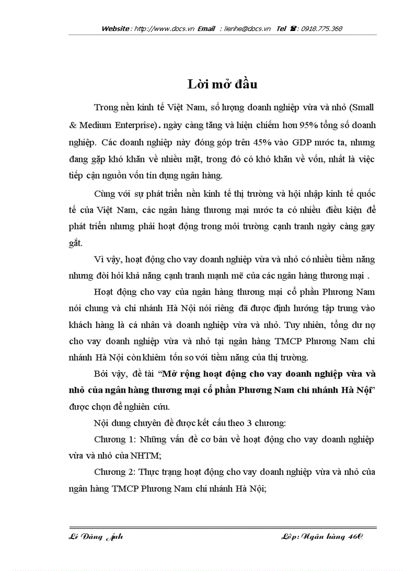Mở rộng hoạt động cho vay Doanh nghiệp vừa và nhỏ của ngânhàng NHTMCP Phương Nam PNB chi nhánh Hà Nội