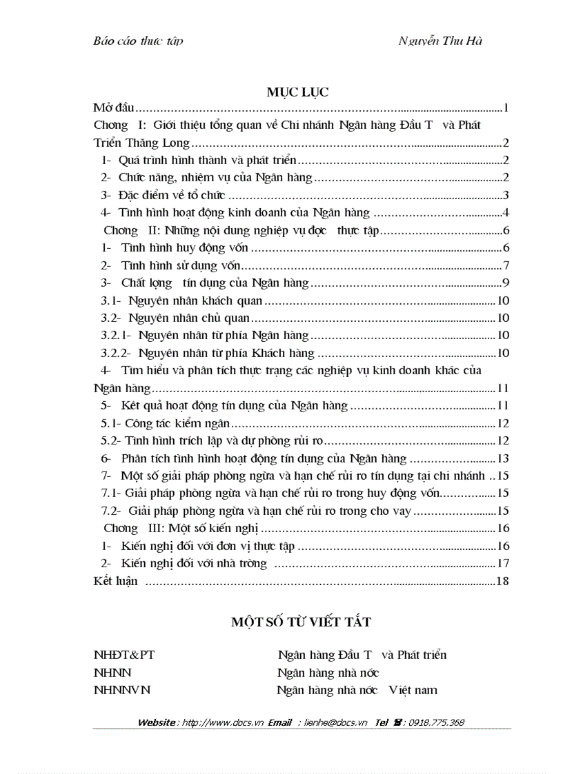 Báo cáo thực tập tại Chi nhánh Ngân hàng Đầu Tư và Phát Triển Thăng Long